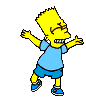 Yellow-haired cartoon character in light blue shirt and dark blue shorts with arms outstretched, mouth open wide showing teeth, standing on gray background.