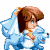 Pixel art animation of a character with brown hair and blue wings holding a small creature, shown in four sequential frames on a transparent background.