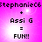 Pixelated text on a pink gradient background with four identical showing 'stephanieC6 + Assi G = FUN!!' in black font