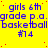 Yellow background with blue text repeating 'girls 6th grade p.a. basketball #14' in a pattern, red dots scattered across the surface