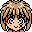 Pixel art of a character with brown hair and orange highlights, showing two expressions: open eyes with purple irises and closed eyes with pink dots.
