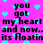 Pixelated text on bright pink background with floating cyan hearts, repeating 'you got my heart and now.. its floatin' in a static layout.
