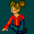 Pixel art of a character with brown hair in pigtails, wearing red shirt and green pants, sitting against dark teal background with white text reading 'when i lost u,' 'i lost 1/2 my soul'