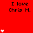 Red background with repeated text "I love Chris M." and white heart symbols in various quantities across the frame.