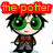 Pixelated character with large green eyes, black hair, and a red bow tie under 'the potter' text in green letters on red background.