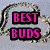 Pixelated icon with pink text 'BEST BUDS' on black rectangles over a gray background with abstract curved shapes.