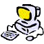 Pixelated cartoon character with yellow screen face, white body, and black outlines using halftone dots on a white background.