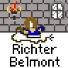 Pixel art animation featuring a character in blue clothing tied to brown ropes inside a stone castle room with torches and windows, displayed across three frames showing slight movement.