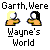 Pixelated cartoon figures with yellow and black hair, orange bodies, white faces; text overlays include 'Wayne's World', 'Garth, Were You Dropped On Your Head As A Child?', 'Duhduhloo', 'Shwing! Ow!' on gray background.