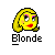 Pixelated yellow cartoon face with blonde hair and pink eyeshadow above the word "Blonde" in blocky text on a gray background.