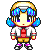 Pixel art character with blue pigtails, white jacket, red shirt, brown shorts, and purple shoes in four poses.