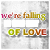 Animated sequence of text changing on a textured gray background with 'we're falling OF LOVE' in multicolored letters.