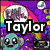Pixelated image with 'Taylor' text over colorful background featuring a disco ball, cartoon character, and rainbow gradient.