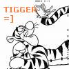 Black-and-white cartoon-style icon shows a character with striped body holding a child-like figure, with orange text "TIGGER" and "=]" above.