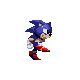Six pixelated Sonic the Hedgehog frames in running poses on gray background, blue spines, red shoes, white gloves, brown muzzle.
