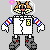 Pixel art character in white spacesuit with yellow 'B' patch, red/white/blue striped sleeves, and gray boots, waving with one hand while holding a pink flower above its head.