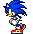 Pixel art of a blue anthropomorphic hedgehog in multiple running poses with red shoes, white gloves, green eyes, and yellow accents on face and arms.