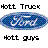 Pixelated image with 'Hott Truck' text above and below a blue oval shape containing white pixel clusters.