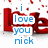 Pixelated graphic with red and blue text reading 'i love you nick' on white background, scattered red pixel fragments.