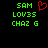 Green pixelated text 'SAM', 'LOV35', 'CHAZ G' on black background with red heart symbol above 'SAM' in left view, identical text without heart in right view.