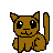 Brown pixelated cat with black eyes and white pupils in three distinct poses: sitting upright, angry with furrowed brows, and crouching with red mouth and sharp teeth.