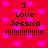 Red background with pink hearts, black text reading "I Love Jessica" and multiple exclamation marks in two variations.