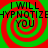 Four identical red and green spiral patterns with black text reading "I WILL HYPNOTIZE YOU" arranged in a on a solid background