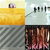 A pixelated image divided into four quadrants showing a yellow shape, a light blue background with dark vertical bars, a gray striped pattern, and a reddish-brown textured area.