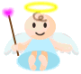 Pixelated angel figure with yellow halo, light blue dress, white wings holding pink heart-topped staff on gray background.