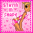 Pixel art icon of a woman in a pink bikini with 'STAYIN IN SHAPE' text on a heart-patterned background.