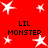 Red background with white stars and repeated "LIL MONSTER" text in black pixelated font across four quadrants.