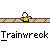 Pixel art animation of a train wreck scene with yellow-shirted figures and gray trains on brown tracks, repeated text below.