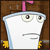 Pixelated cartoon character with white face, large eyes, and yellow hands peeking from brown background with pink top element.