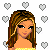 Pixelated cartoon woman with brown braided hair, yellow top, and blue text reading "i hate u but i luv u I'm Stuck on you!" over heart-patterned background.