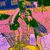 Pixelated image of a pink flamingo with green foliage, yellow accents, and a blue sky background.