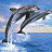 Two side-by-side animated frames of a dolphin leaping from blue water against a sky background, with the right frame containing an additional white heart symbol.