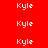 Pixelated text 'Kyle' repeated across red and black background sections with white lettering.