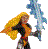 Pixelated figure with flowing yellow hair, dark outfit, and blue energy effect on right side against gray background.
