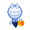 Blue cartoon character with wide smile and round eyes holding orange basketball, positioned against white background.