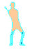 12 pixelated human figures in various dance poses with cyan outlines and colored bodies on a gray background