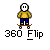 Pixelated character in yellow shirt and blue pants performing a 360 flip on a skateboard, with text '360 Flip' below.