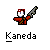 Pixel art character with red and white head, brown body, holding a gray-and-red object; text below reads 'Kaneda' in pixelated font.