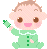 Two identical pixel art baby characters in green onesies holding green objects, displayed side-by-side on a gray background.