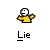 Pixelated character in yellow shirt with white face and black eyes, transitioning from open arms to pointing left while text below reads 'Lie' on gray background.
