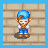 Pixel art character with blue cap and overalls stands against brick wall, holding brown object with both hands, eyes closed in four