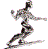Pixelated figure in dynamic running pose with arms extended, rendered in multicolored pixels against solid gray background.