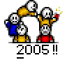 Animated contact sheet of 12 pixel art frames showing a stick figure character in yellow, blue, and red performing dynamic poses with repeated "2005 !!" text below each frame.