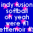Blue background with pink star shapes and repeated white text including 'indy fusion', 'softball', 'oh yeah', 'were #1', and '#sMemoir' in a pixelated font.