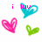 Pixelated heart-shaped icons in pink, cyan, and green with small pink text above two cyan hearts on a white background.