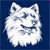 Pixelated white wolf head with pointed ears and a wide open mouth against solid dark blue background.